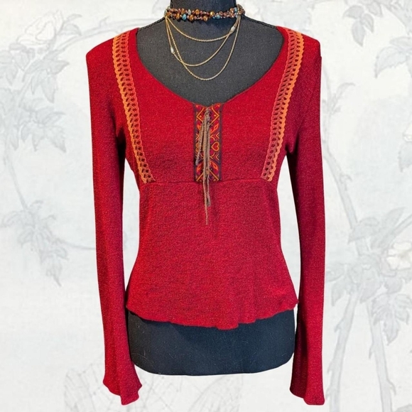 Mary-Kate And Ashley Tops - Mary-Kate And Ashley Y2K Red Boho Women's Top with Crochet Detailing